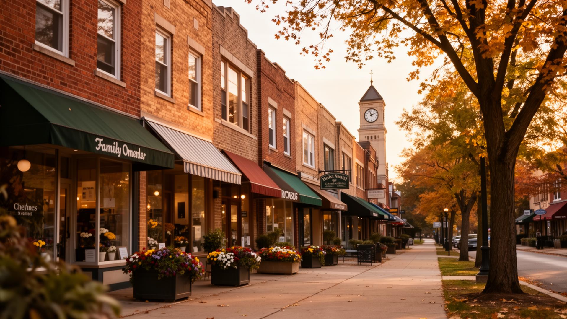 Charming brick storefronts on a Northwest Chicago suburban business district street
